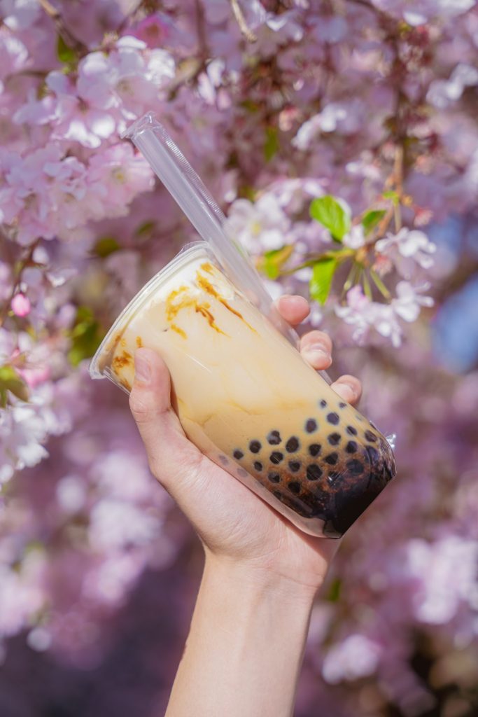 Cozy fig vanilla milk tea in a tall glass