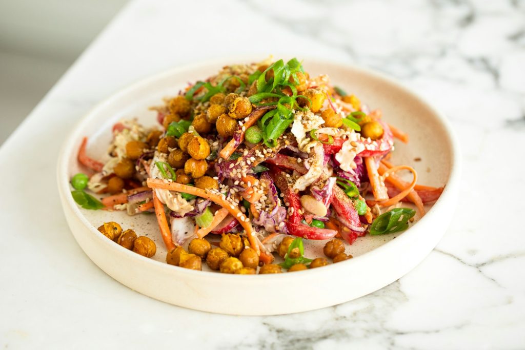 Asian crunch salad with crispy chickpeas, cabbage and carrots