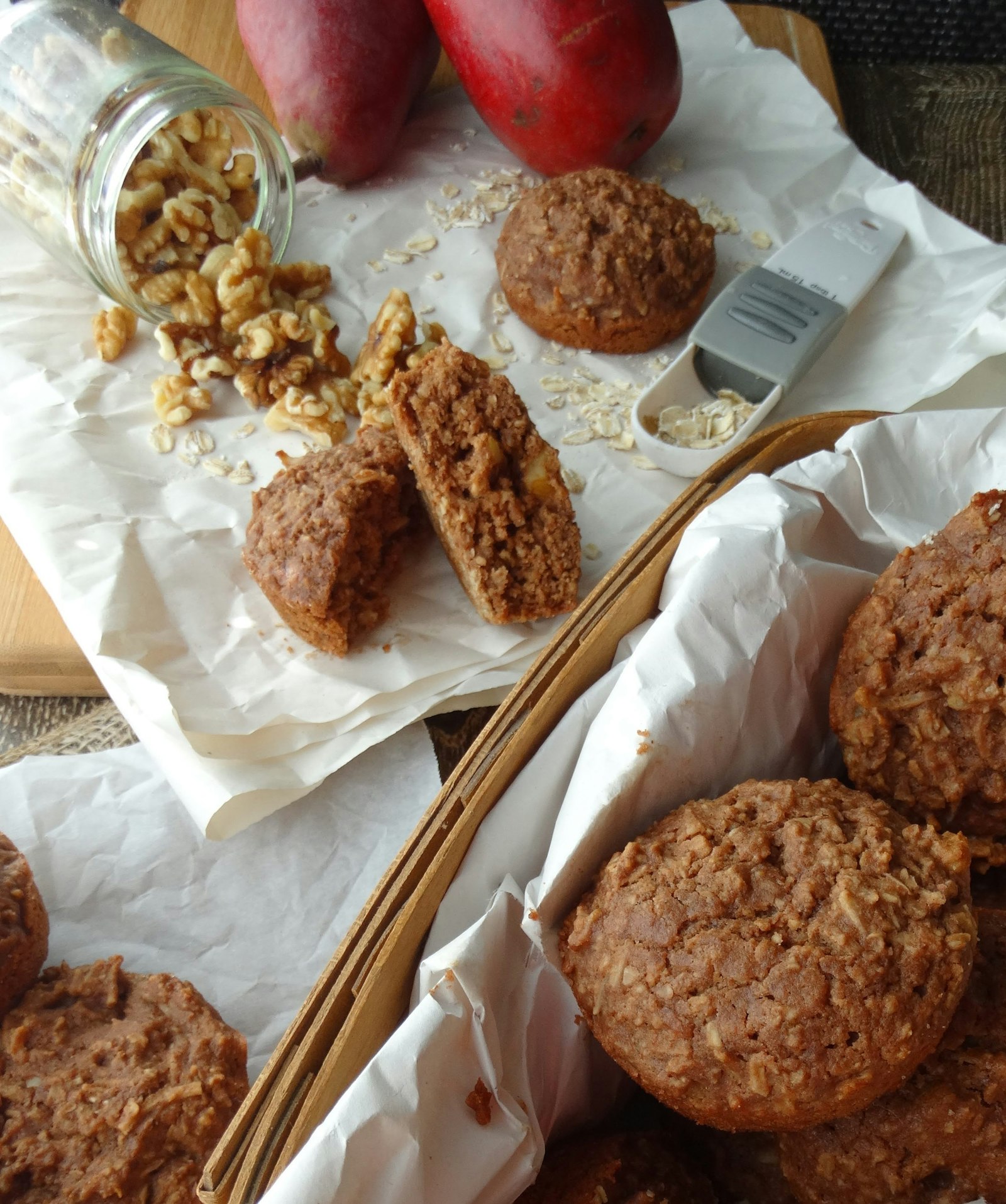 Pear walnut baked oatmeal cups on a rustic table