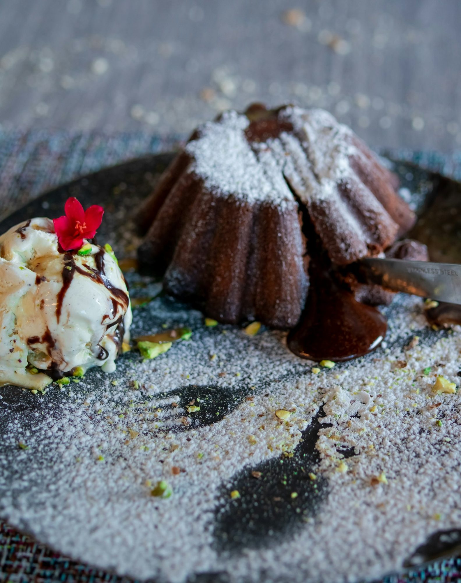 Chocolate lava cake with a molten center and ice cream