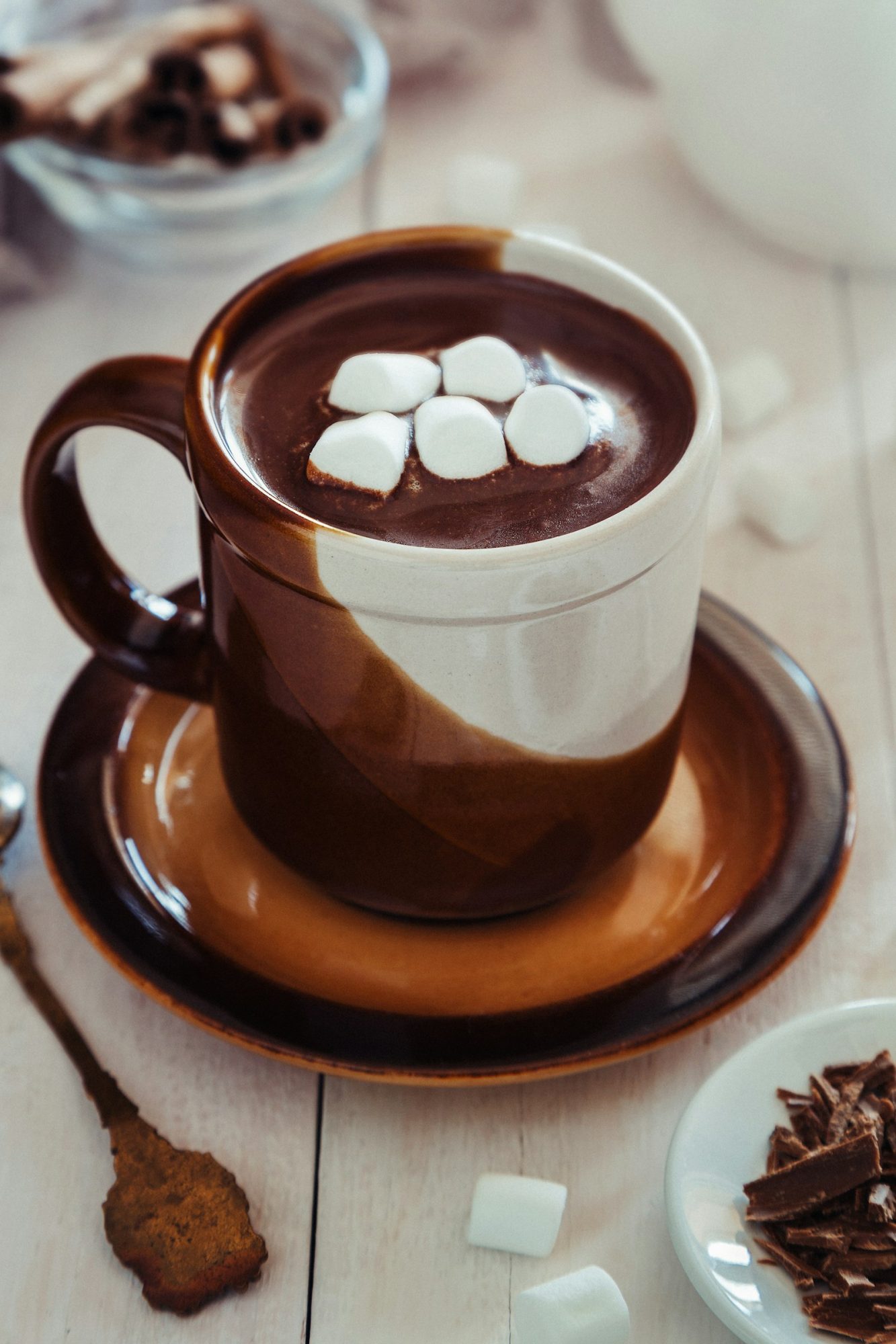 Homemade hot chocolate with marshmallows in a ceramic mug