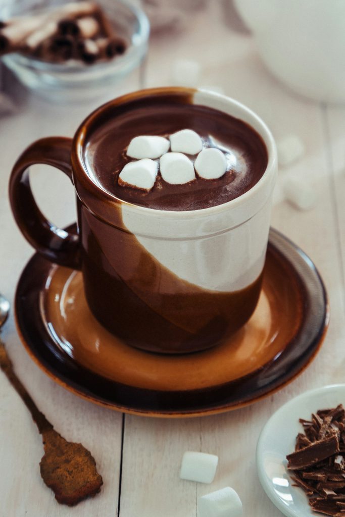 Homemade hot chocolate with marshmallows in a ceramic mug